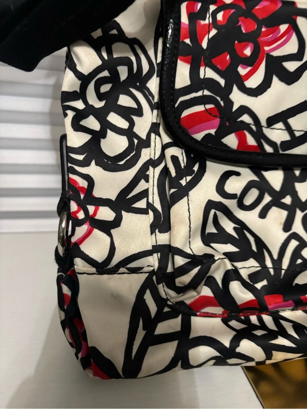 Coach Cream Canvas Crossbody with Black Floral Outline and Red Accents